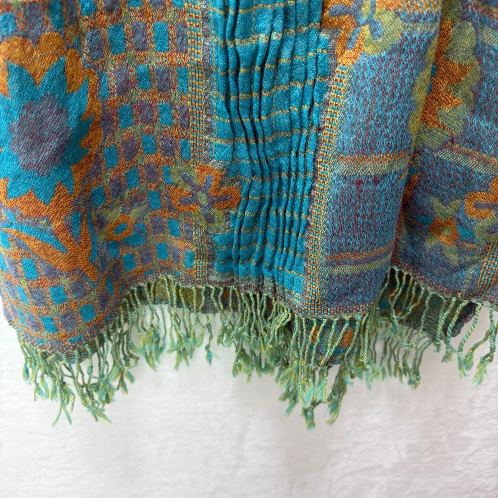 Sudha 100% Wool Scarf Turquoise Orange Green Floral Geometric Fringe Shawl India